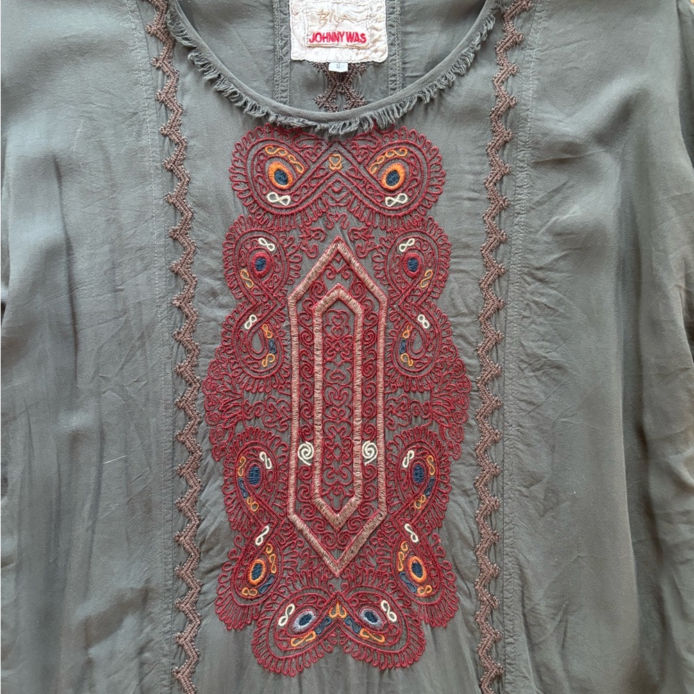 Johnny Was Biya Effie Challis Boho Embroidered Blouse Gray Size S - Picture 2 of 9